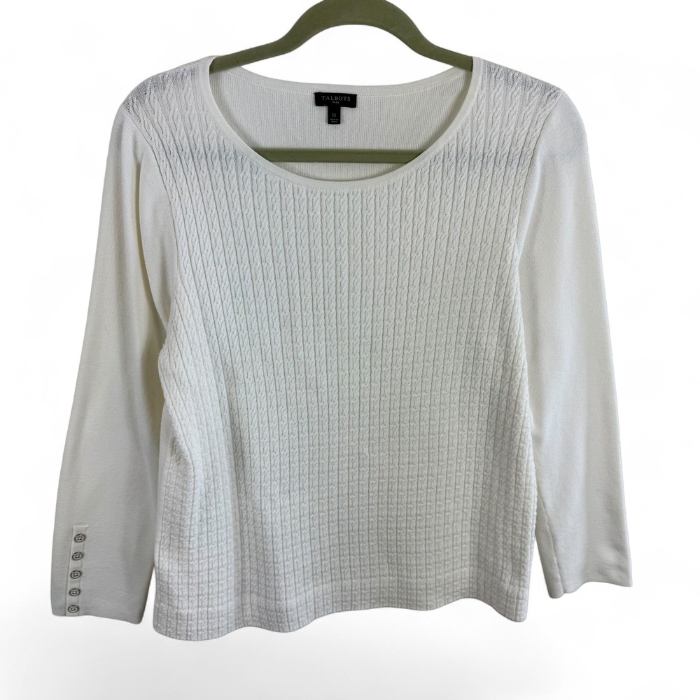 Talbots Plus White Ivory Textured Cable Knit Front Scoop Neck Sweater Size 1X